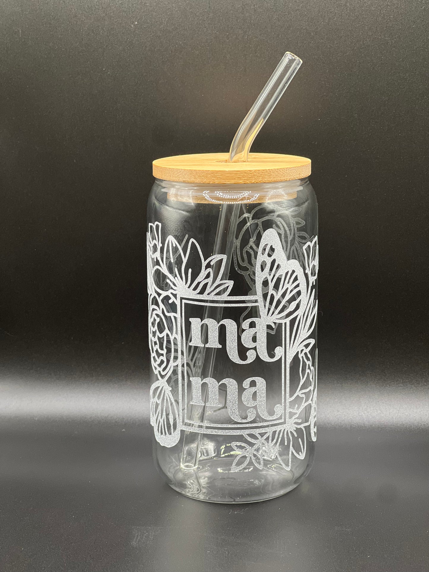 Ma Ma w/Butterflies 16oz Glass Can (Color Customizable)