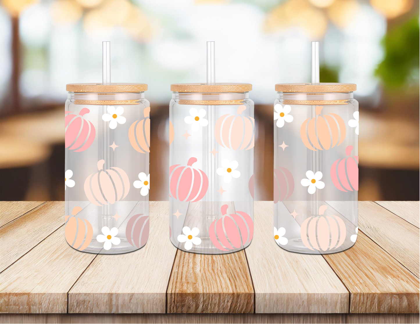 Pumpkins and Daisies 16oz Glass Can