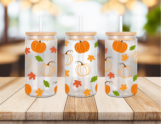 Pumpkins and Leaves 16oz Glass Can