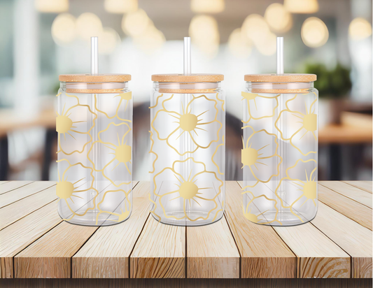 Gold Flowers 16oz Glass Can