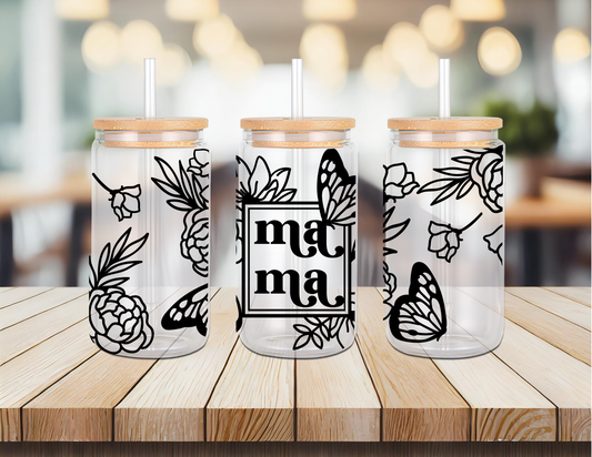 Ma Ma w/Butterflies 16oz Glass Can (Color Customizable)