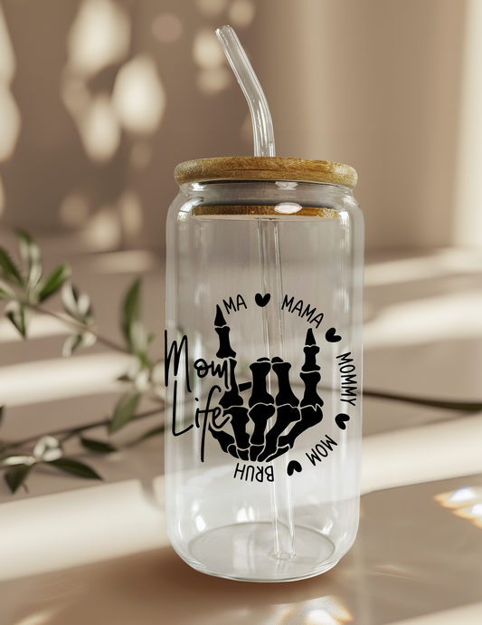 Mom Life “Skeleton Hand” 16oz Glass Can (Color Customizable)
