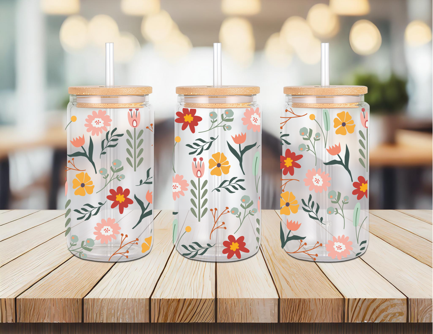 Retro Flowers 16oz Glass Can