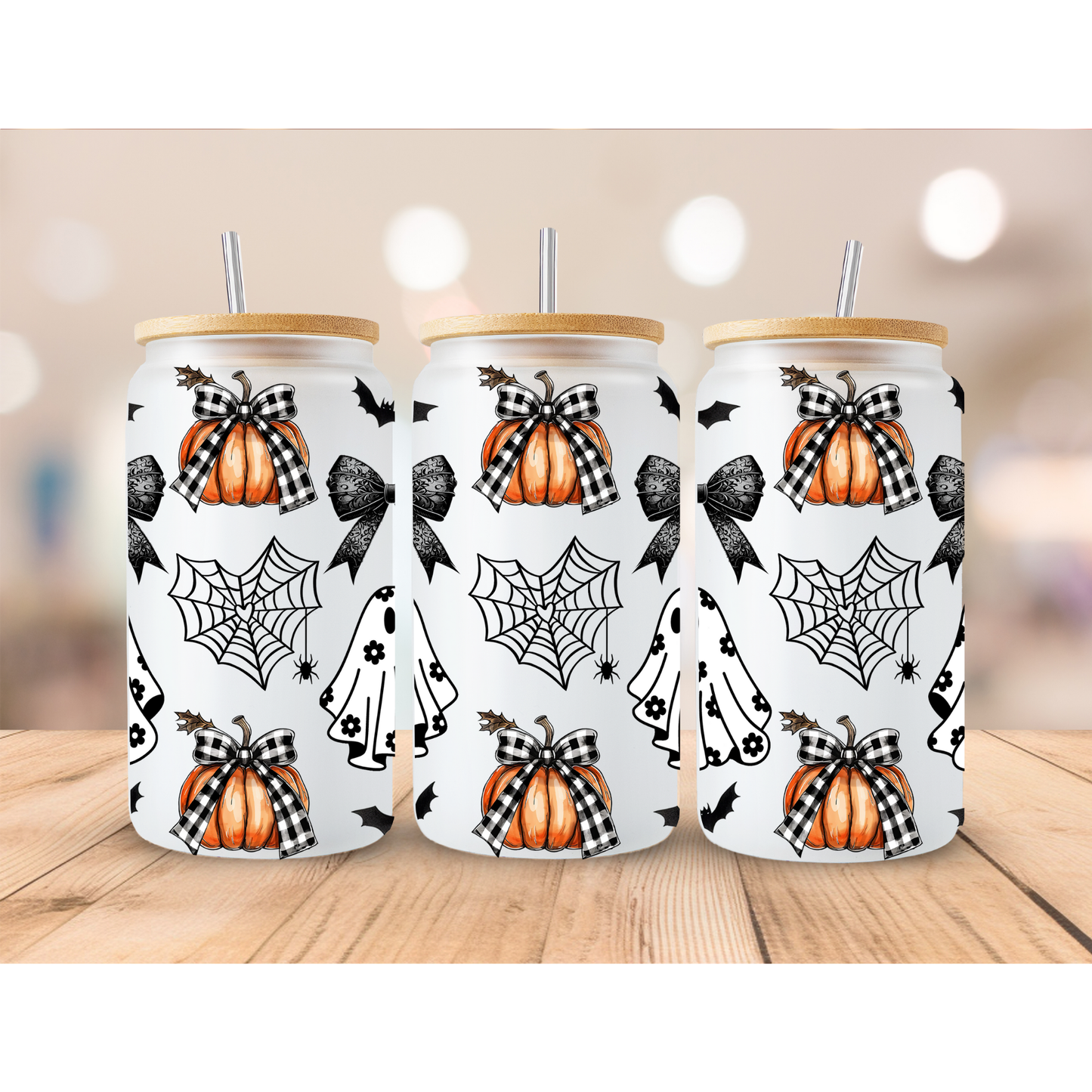 Ghosts..Bows & Pumpkins frosted sublimation 16oz Glass Can