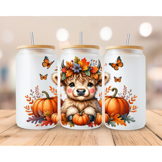 Cutesy Cow & Pumpkins frosted sublimation 16oz Glass Can