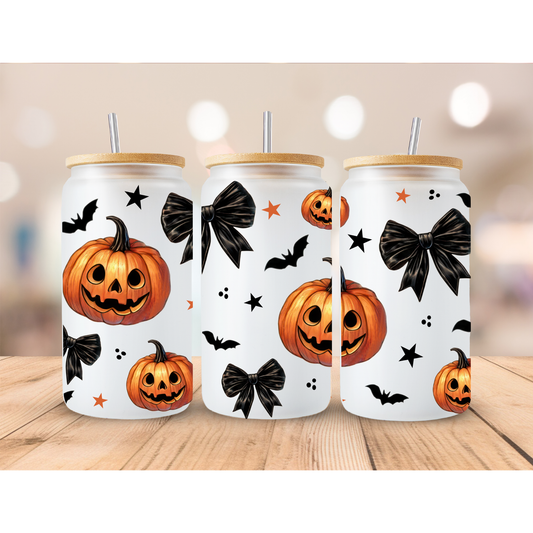 Pumpkins..Bows & Bats frosted sublimation 16oz Glass Can