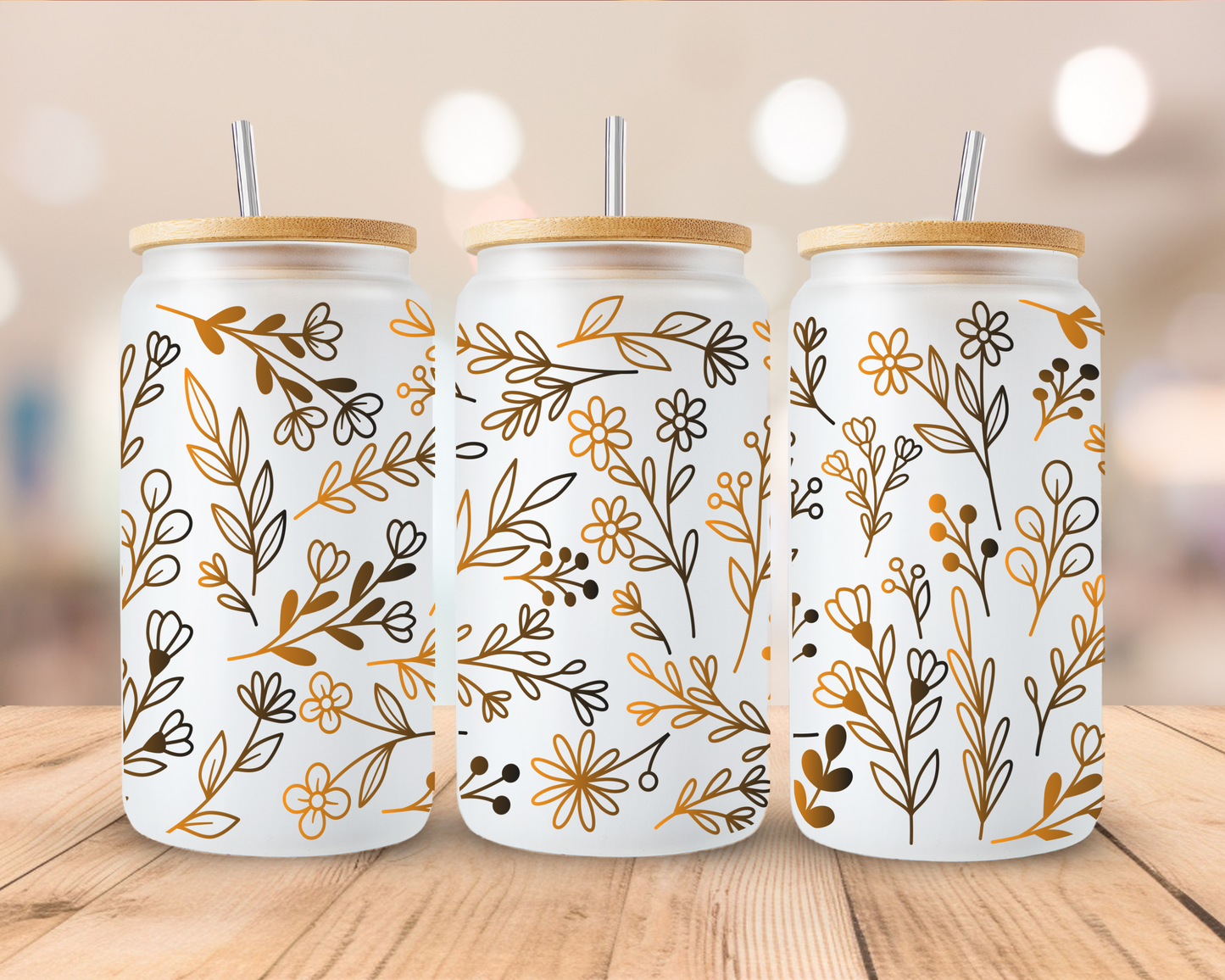 Brown Floral frosted sublimation 16oz Glass Can