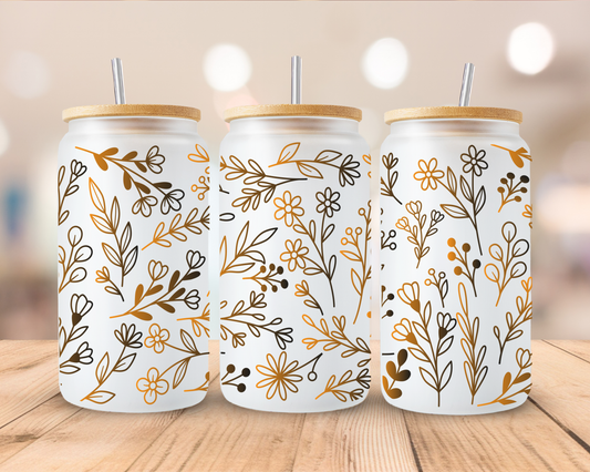 Brown Floral frosted sublimation 16oz Glass Can