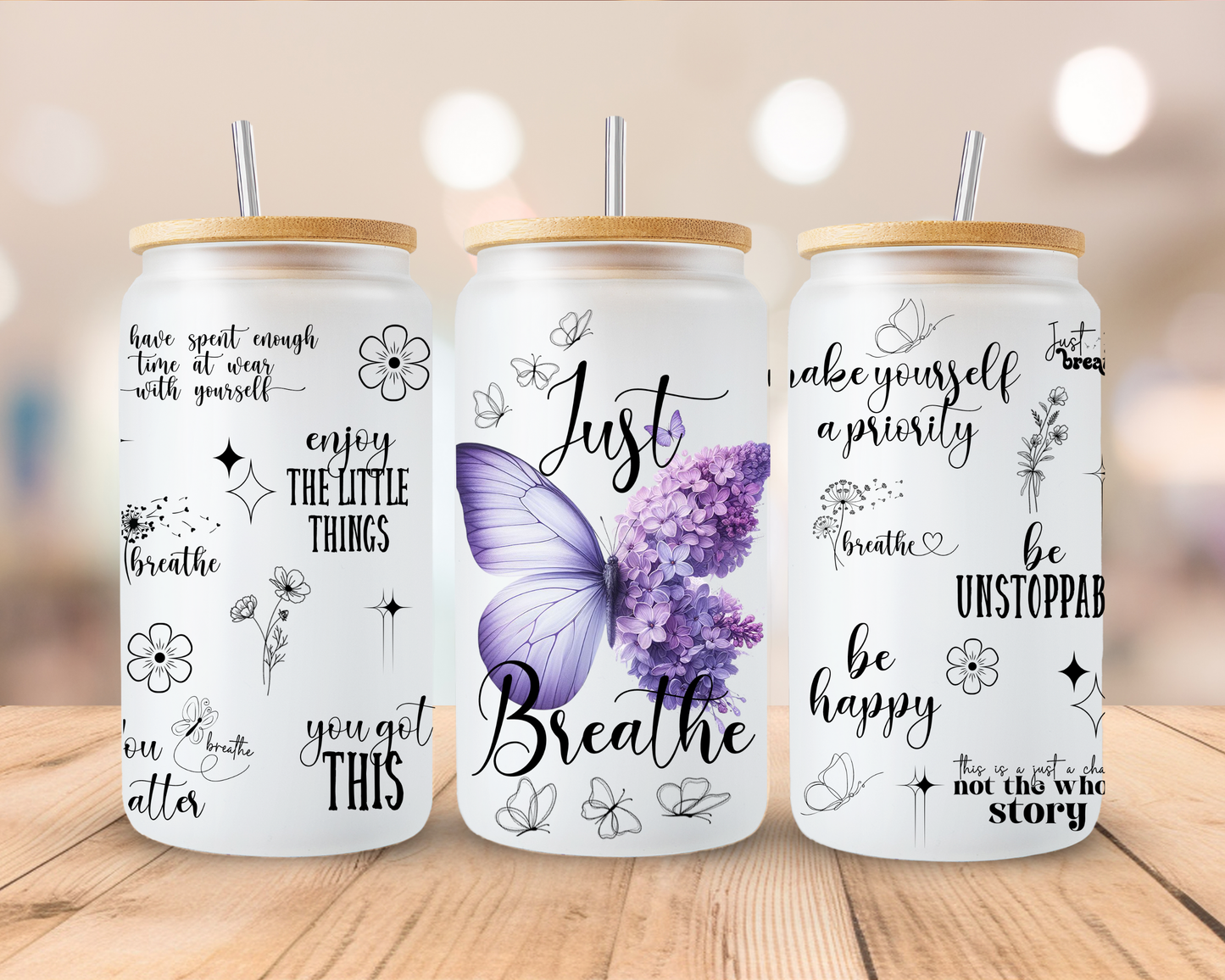 Just Breathe frosted sublimation 16oz Glass Can