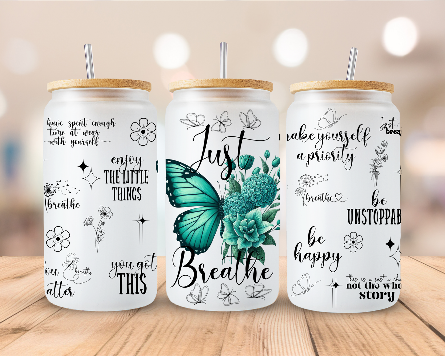 Just Breathe frosted sublimation 16oz Glass Can