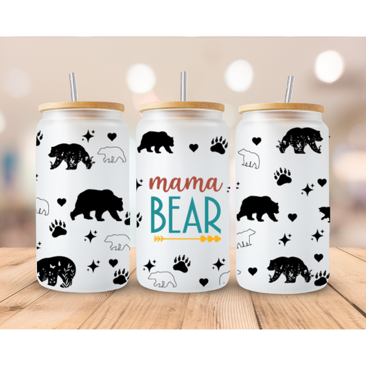 Mama Bear frosted sublimation 16oz Glass Can