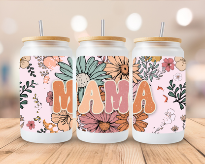 Retro Floral Mama frosted sublimation 16oz Glass Can