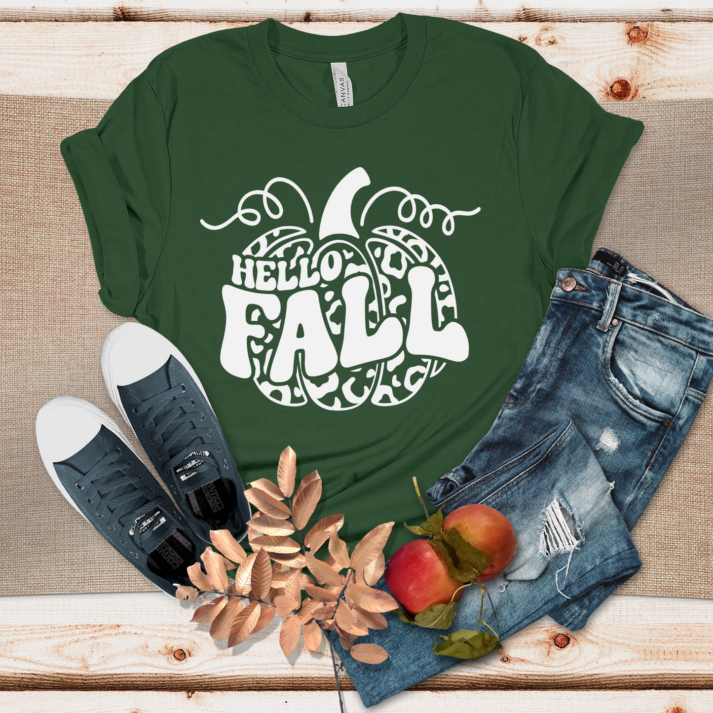 Hello Fall Pumpkin T-Shirt (Forest)