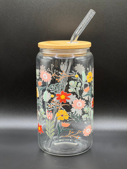 Retro Flowers 16oz Glass Can