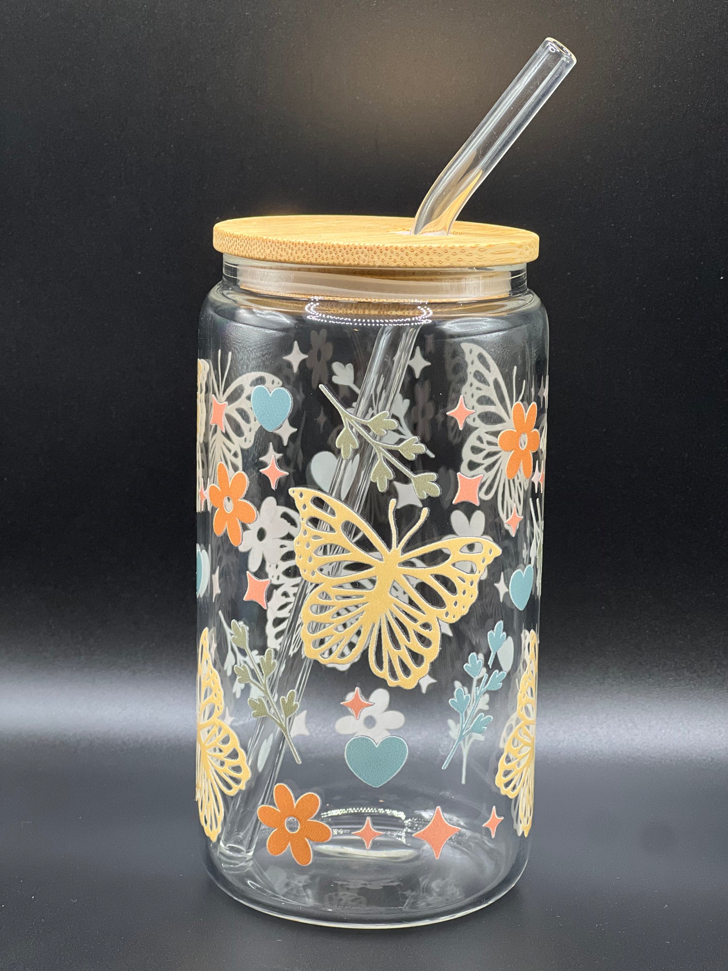 Retro Butterfly 16oz Glass Can