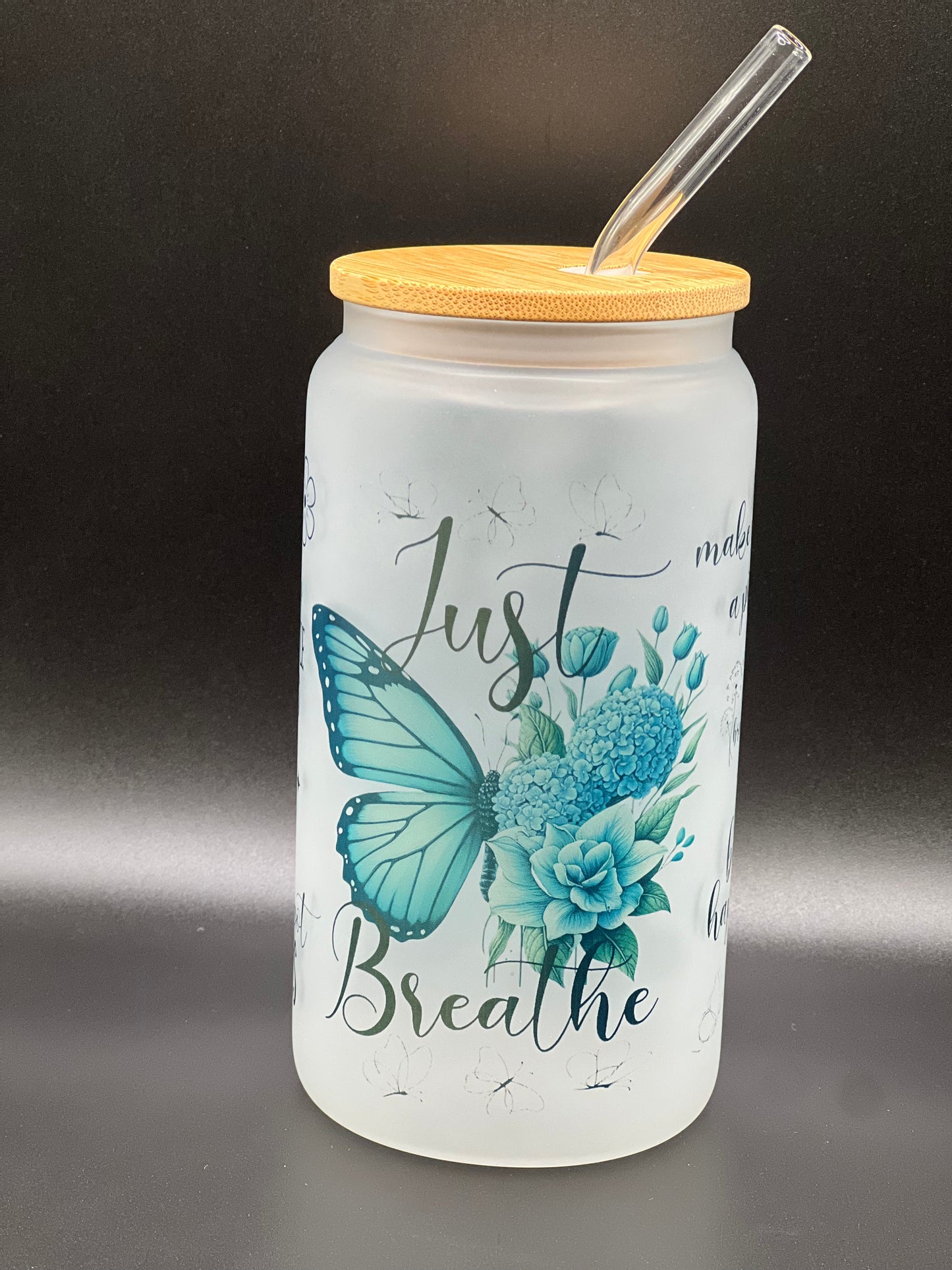 Just Breathe frosted sublimation 16oz Glass Can