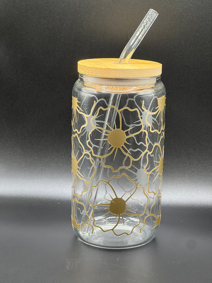 Gold Flowers 16oz Glass Can