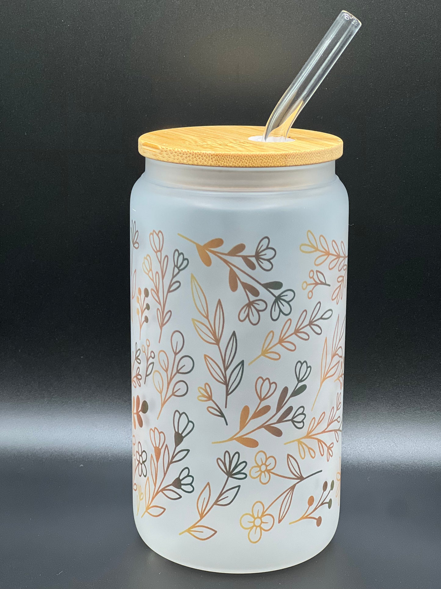 Brown Floral frosted sublimation 16oz Glass Can