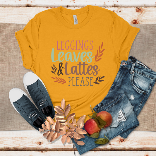 Leggings, Leaves & Lattes Please T-Shirt (Mustard)