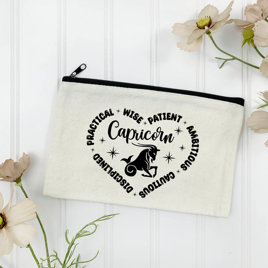 Capricorn "Traits" Canvas Zipper Pouch - (Color Customizable)