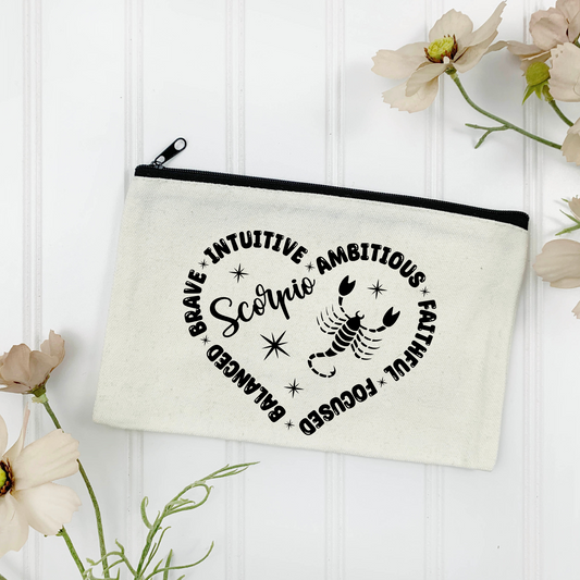 Scorpio "Traits" Canvas Zipper Pouch - (Color Customizable)