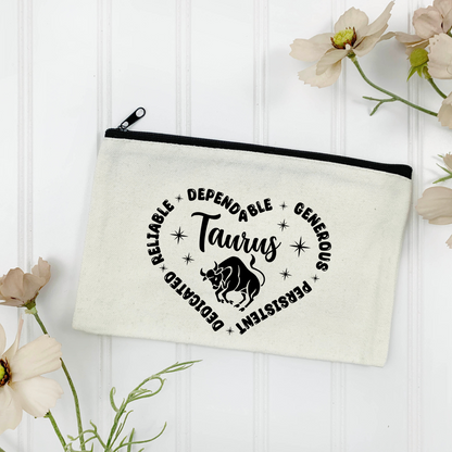 Taurus "Traits" Canvas Zipper Pouch - (Color Customizable)