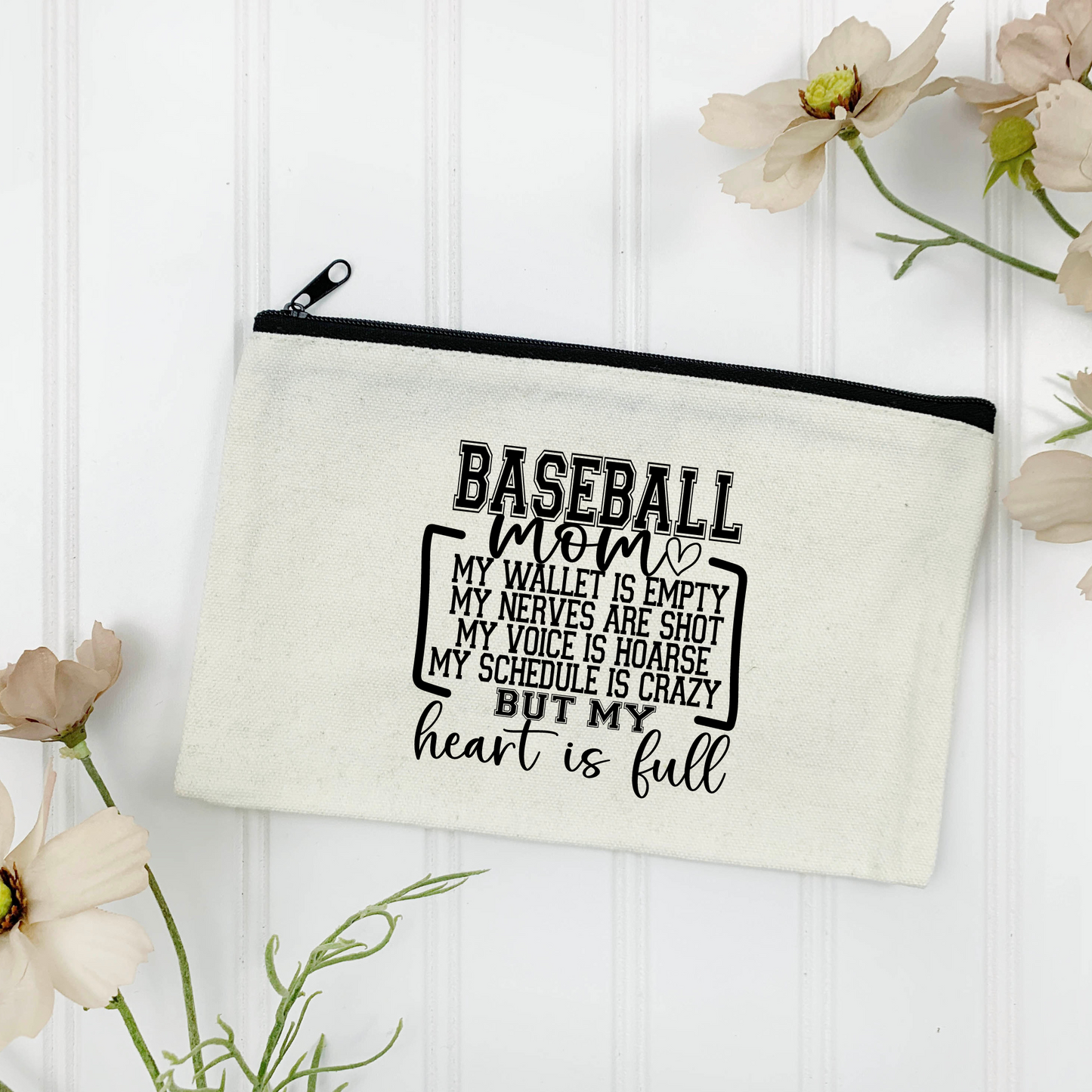 Baseball Mom - Wallet Empty...Heart Full Canvas Zipper Pouch (Color Customizable)