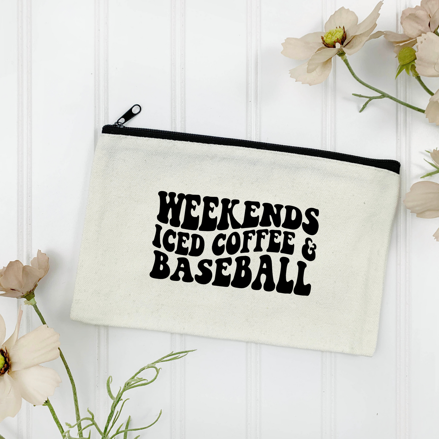 Weekends, Coffee & Baseball Canvas Zipper Pouch (Color Customizable)