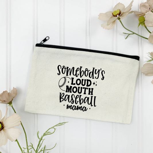 Somebody's Loud Mouth Baseball Mama Canvas Zipper Pouch (Color Customizable)