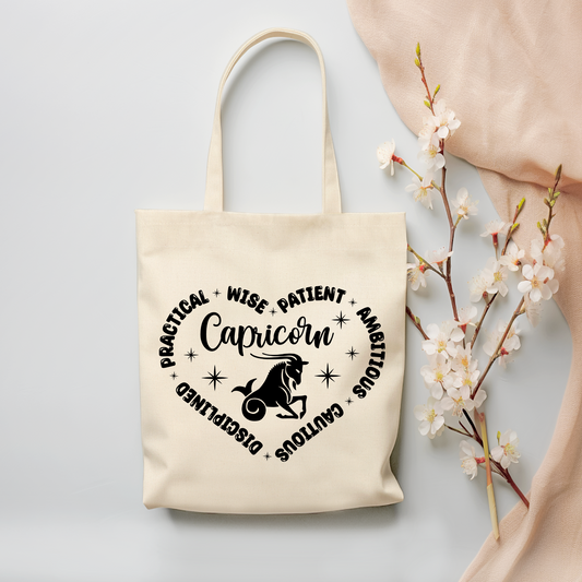 Capricorn "Traits" Canvas Tote Bag - (Color Customizable)