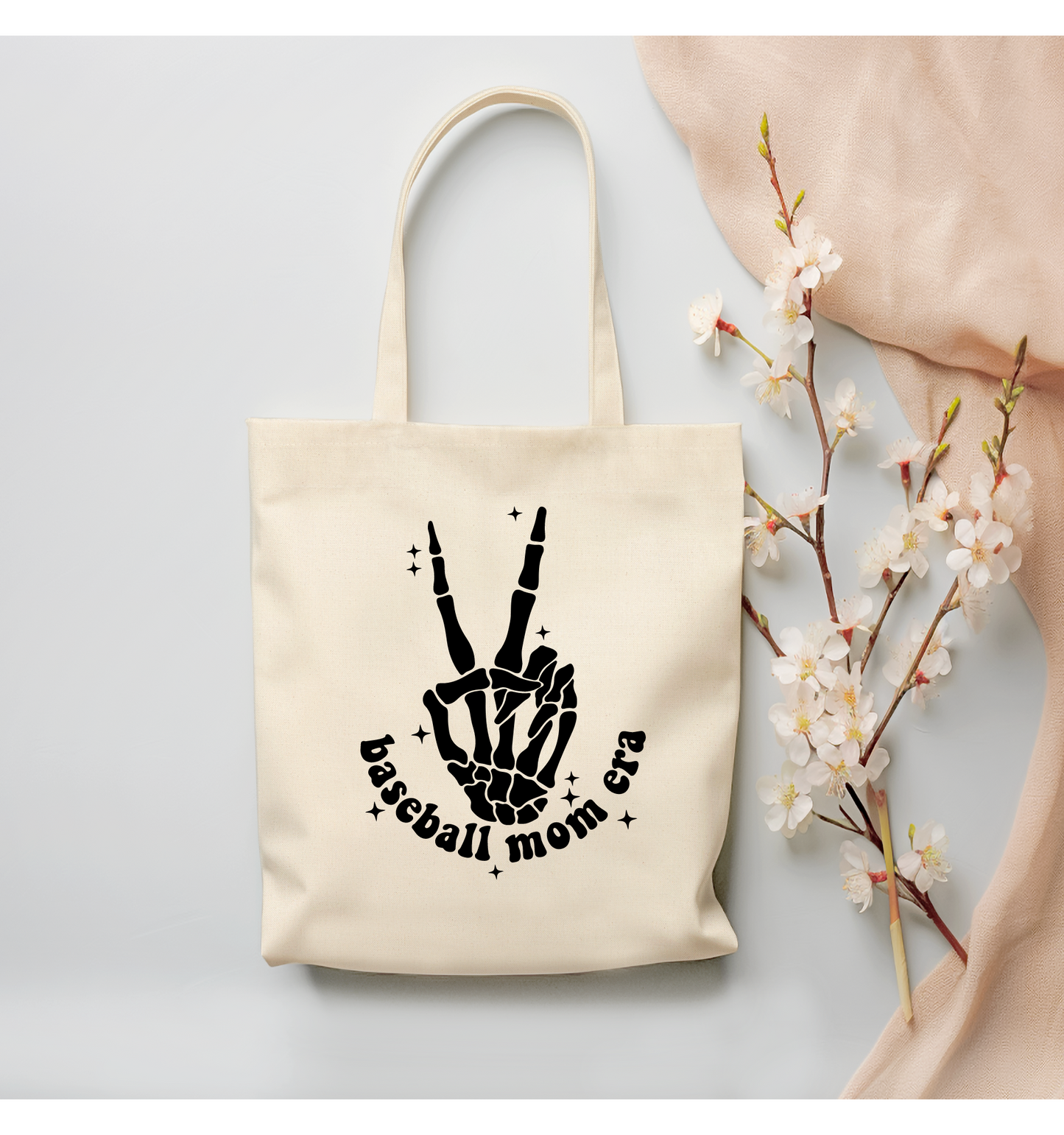 Baseball Mom Era "Skeleton Hand" Canvas Tote Bag - (Color Customizable)