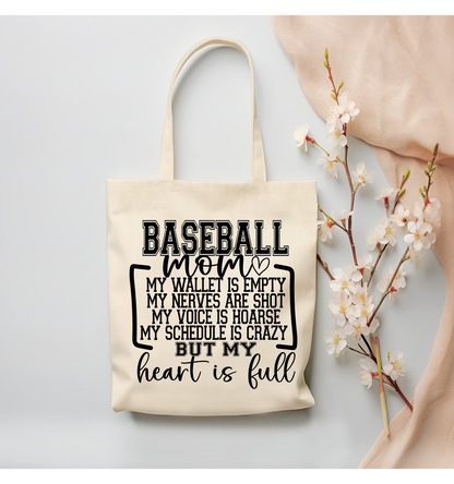 Baseball Mom - Wallet Empty...Heart Full Canvas Tote Bag - (Color Customizable)