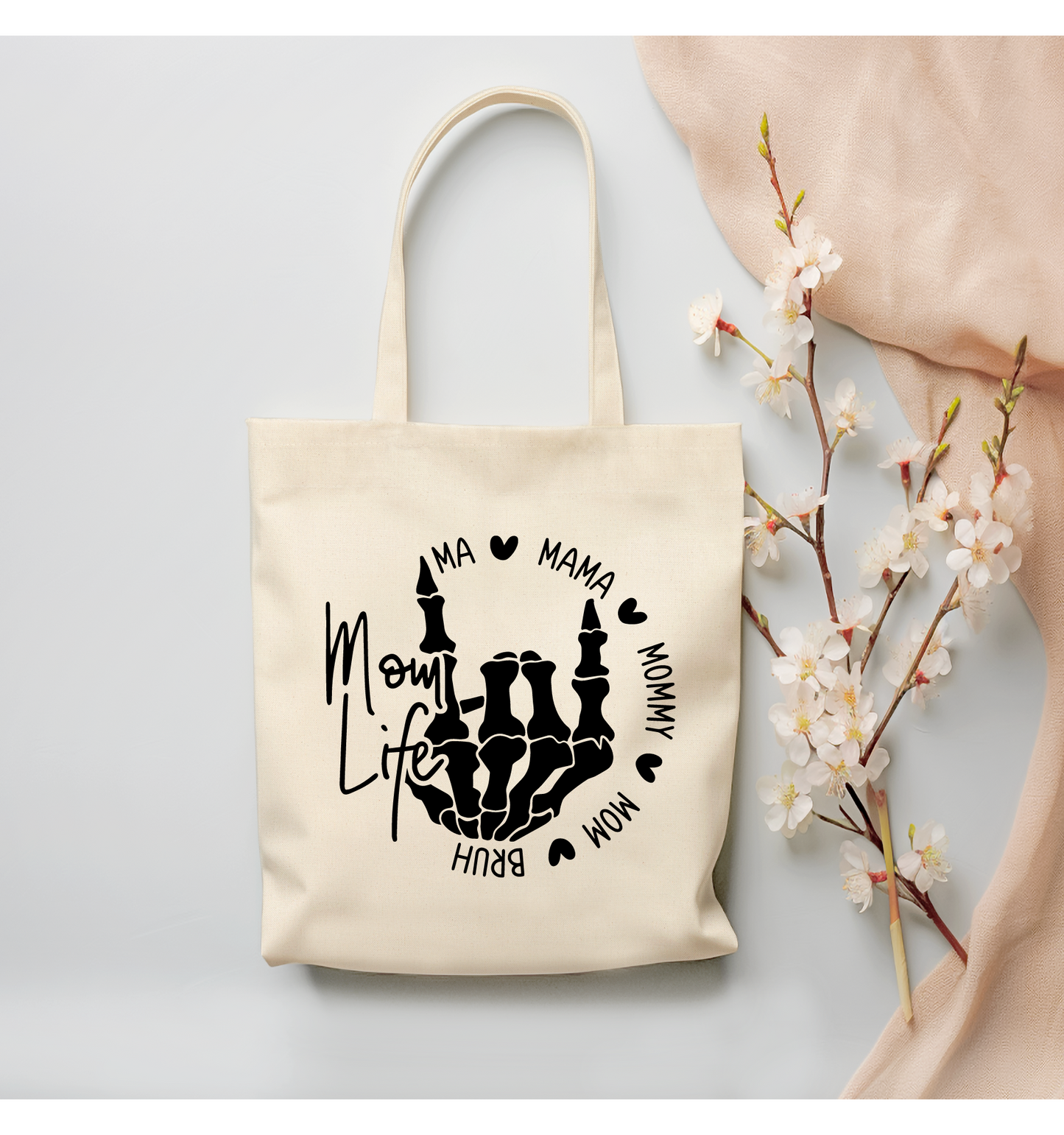 Mom Life "Skeleton Hand" Canvas Tote Bag - (Color Customizable)